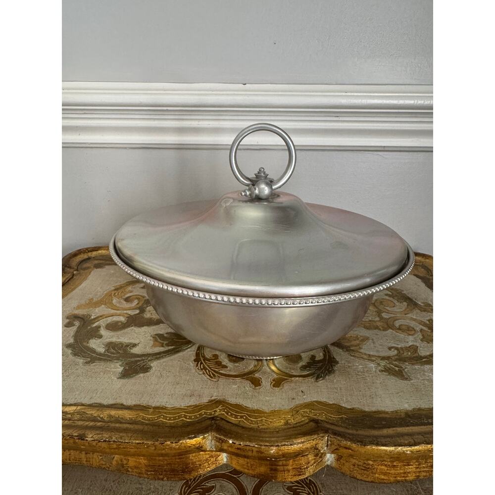 Vintage Buenilum Aluminum Covered Casserole Dish Ring Handle 10.5” Mid Century